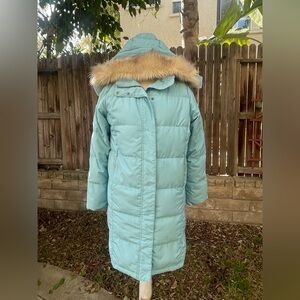 L.L.Bean Women's Light Blue Puffer Coat removable Faux Fur Trim removable hood